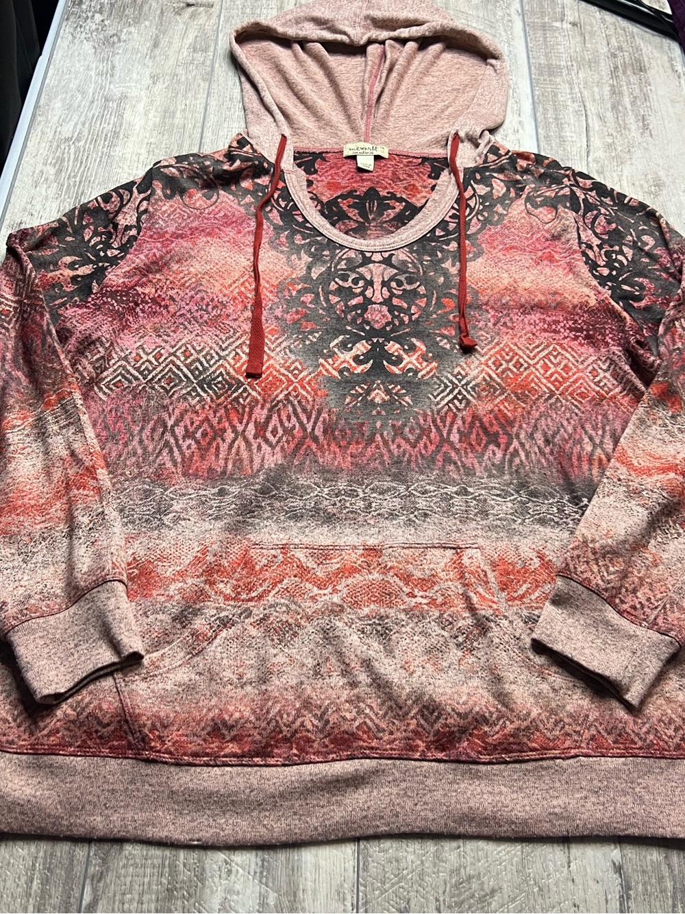 ONE WORLD Pink Red Patterned Hooded Pullover